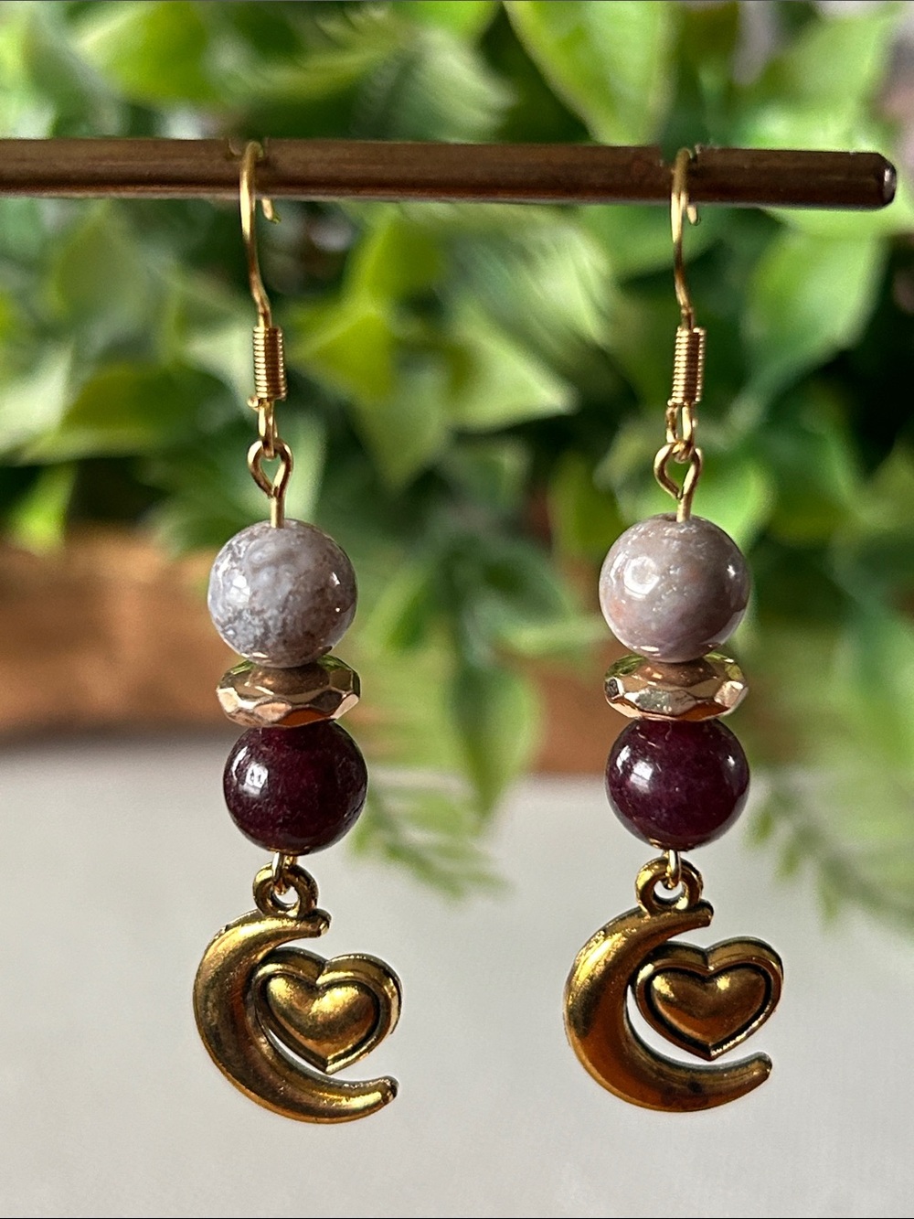 Handmade Gold Moon & Heart Drop Earrings w Wine Quartzite + Indian Agate Beads